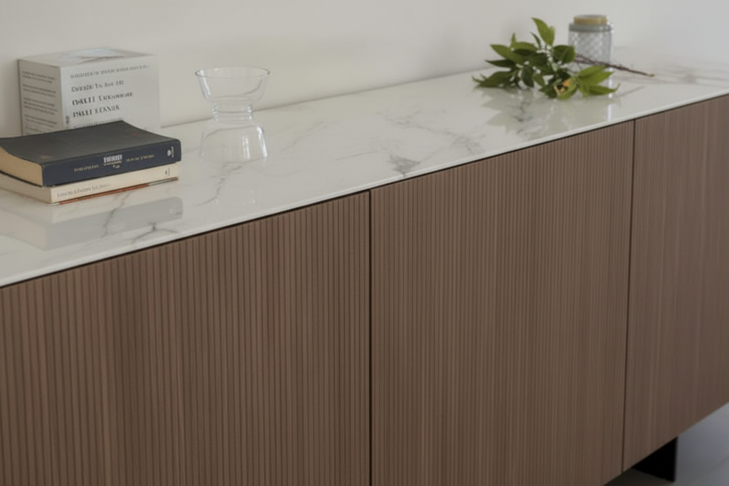 Marble Top Ribbed Sideboard with Black Metal Legs