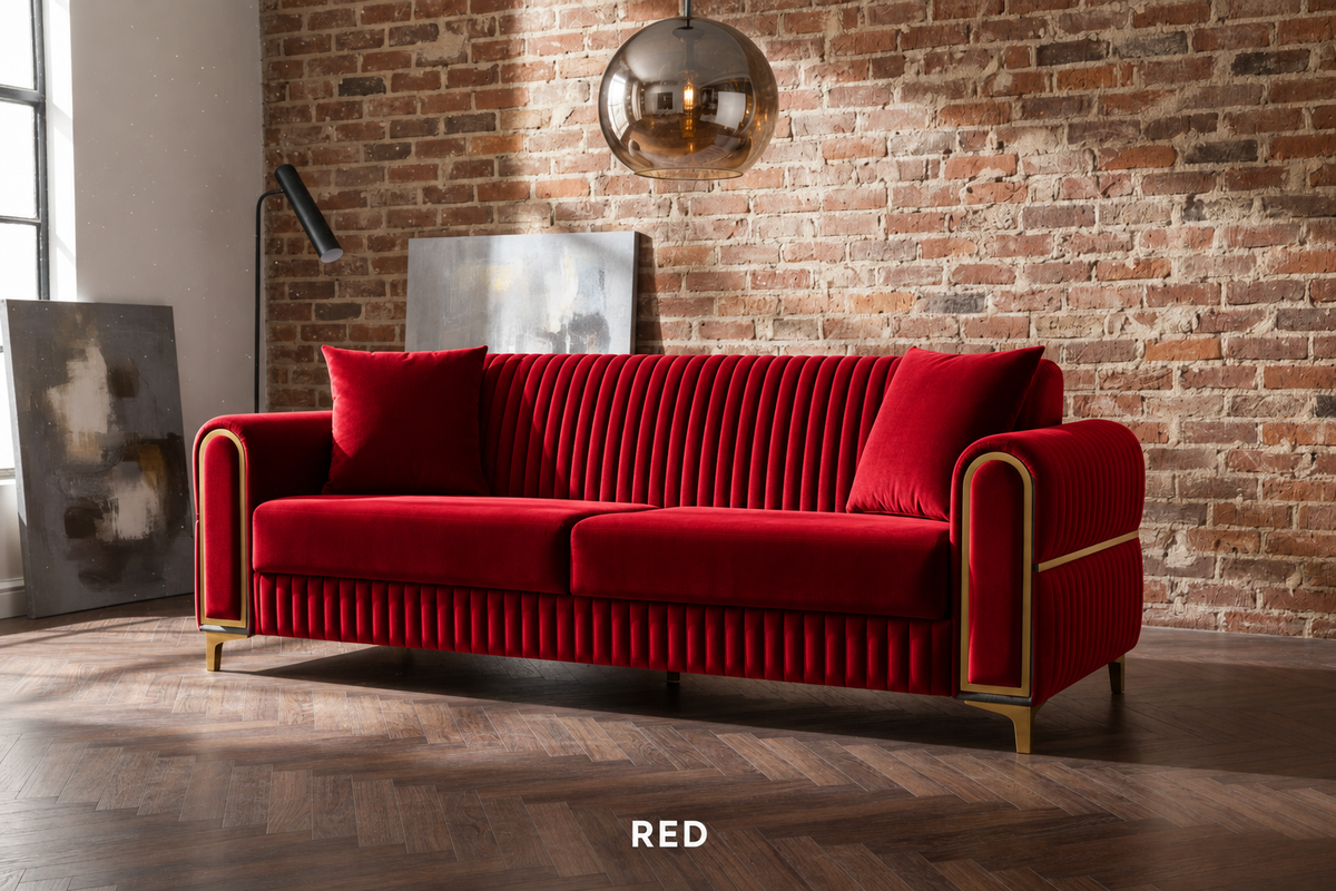 Red Luxe Channel Tufted Velvet Sofa in brick room
