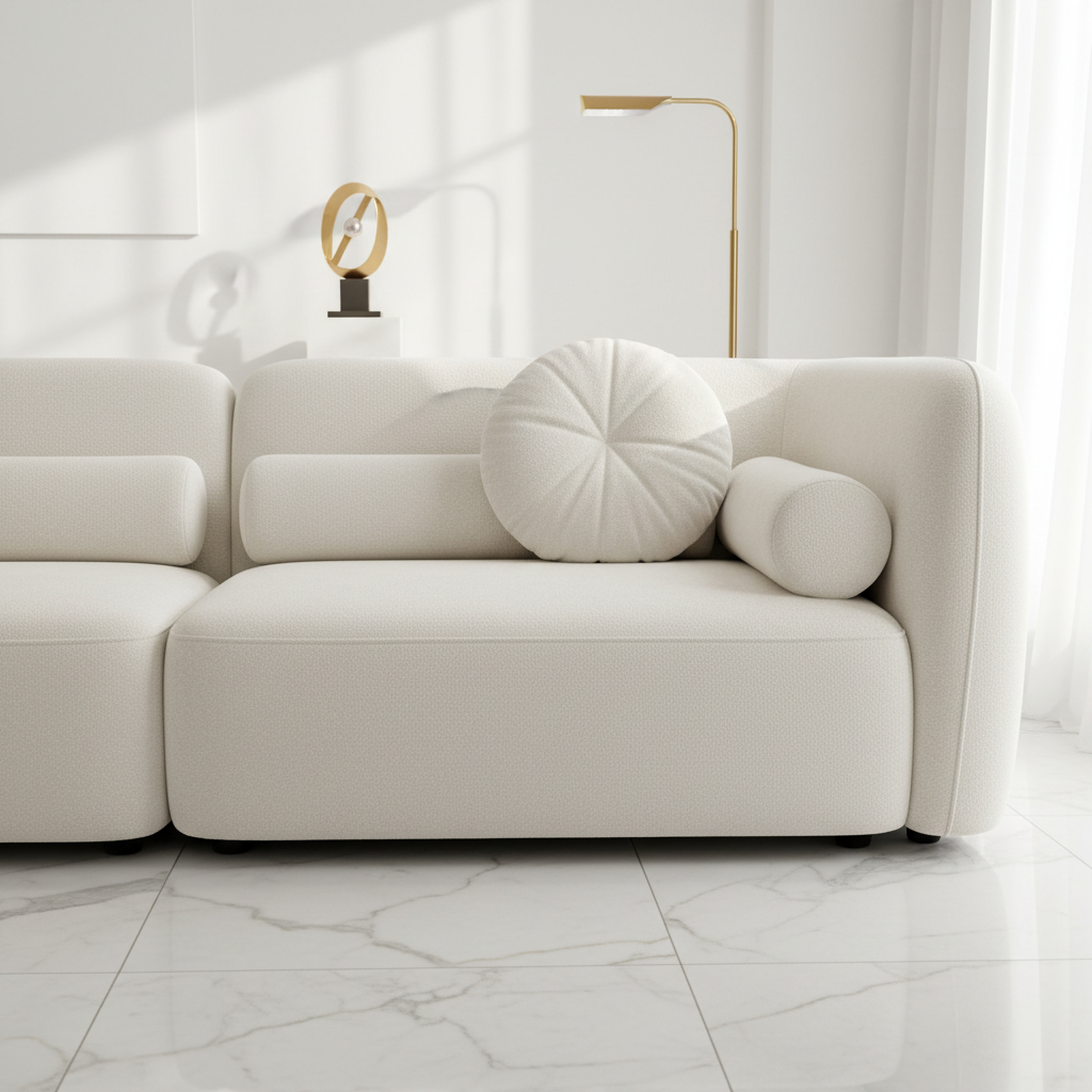Round ball scatter cushion – ivory boucle on cream sofa, luxury interior