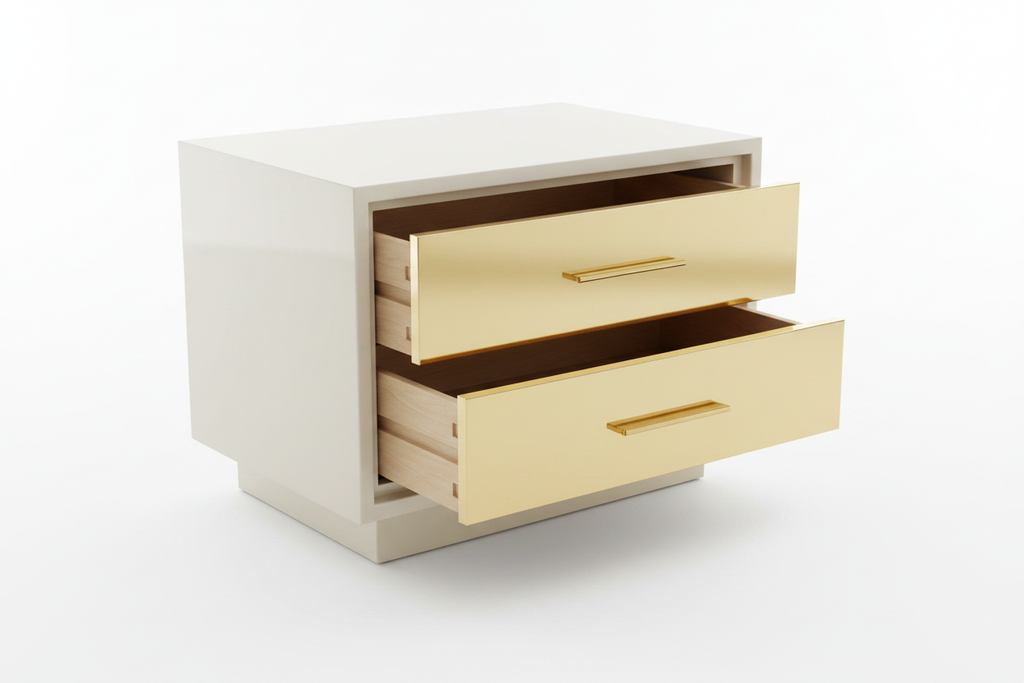 Luxury bedside pedestal 3/4 left angle with drawers open