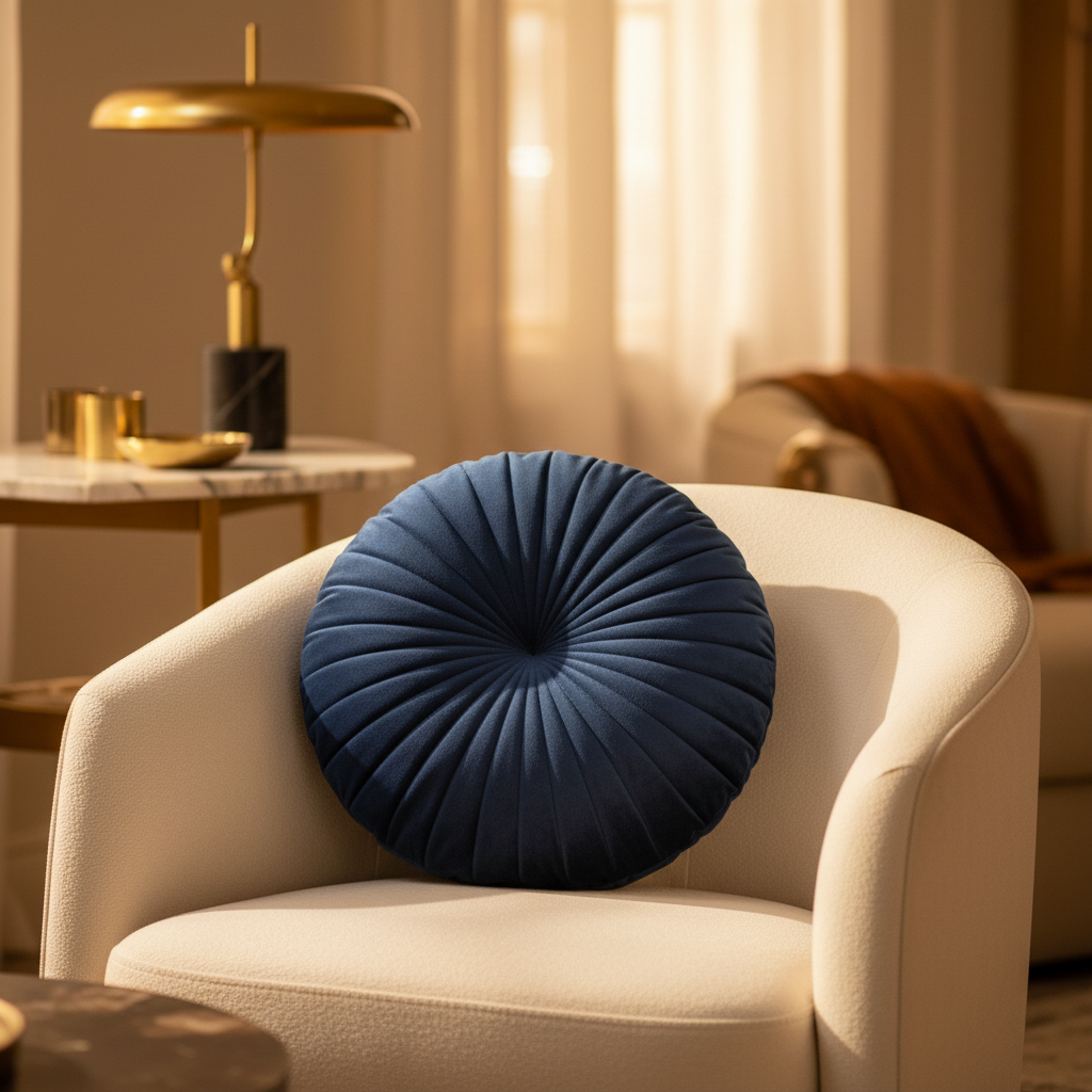 Round ball scatter cushion – navy velvet on cream boucle accent chair