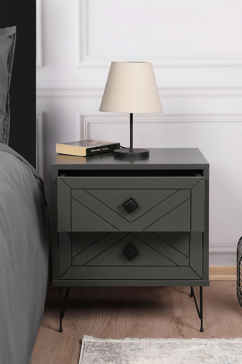 Nordic X-Pattern Bedside Table - drawer open detail