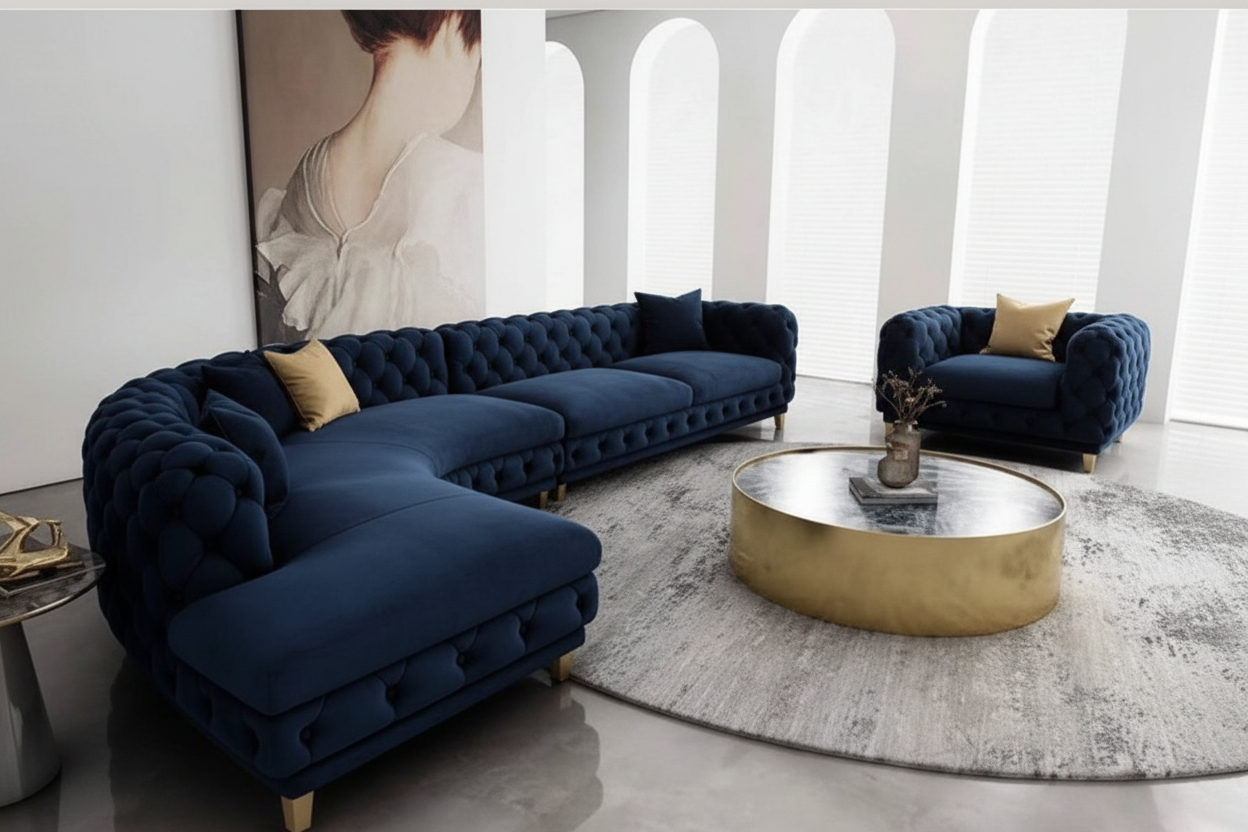 Navy Blue Velvet Chesterfield Sofa Set