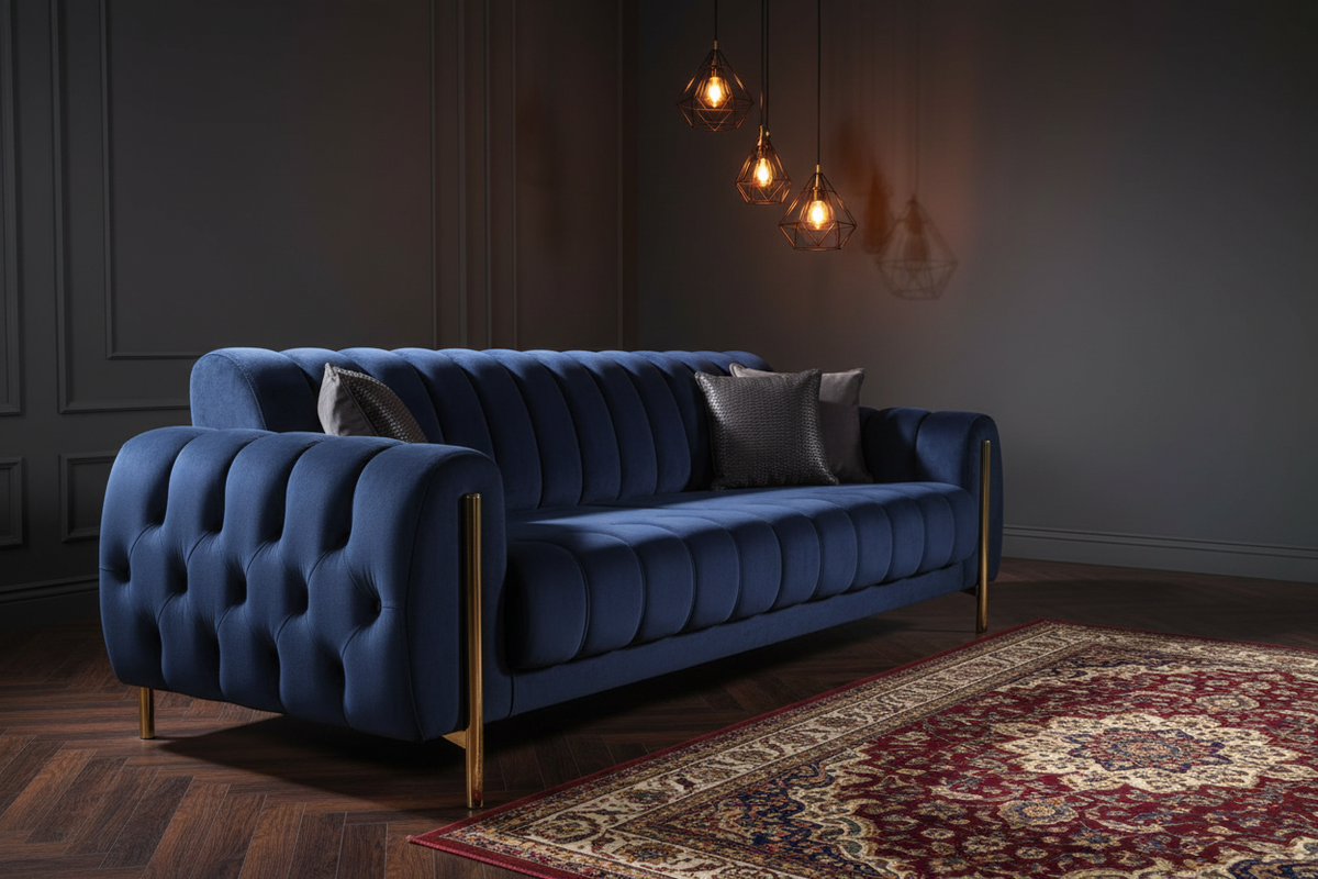Navy Velvet Luxury Sofa - Dark Lounge