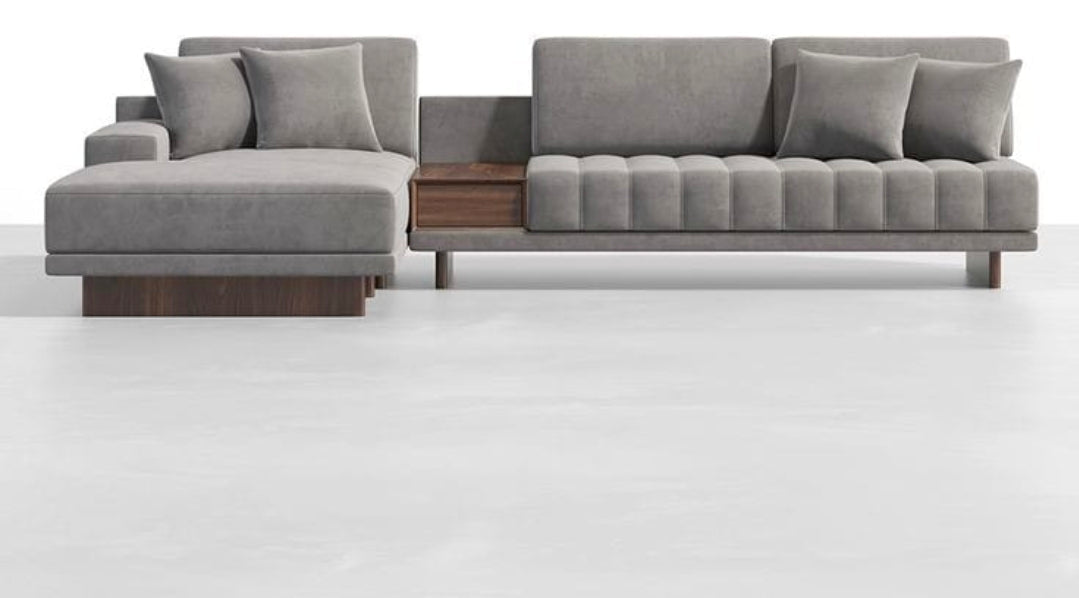 Modular L-Shape Sectional Sofa with Walnut Console
