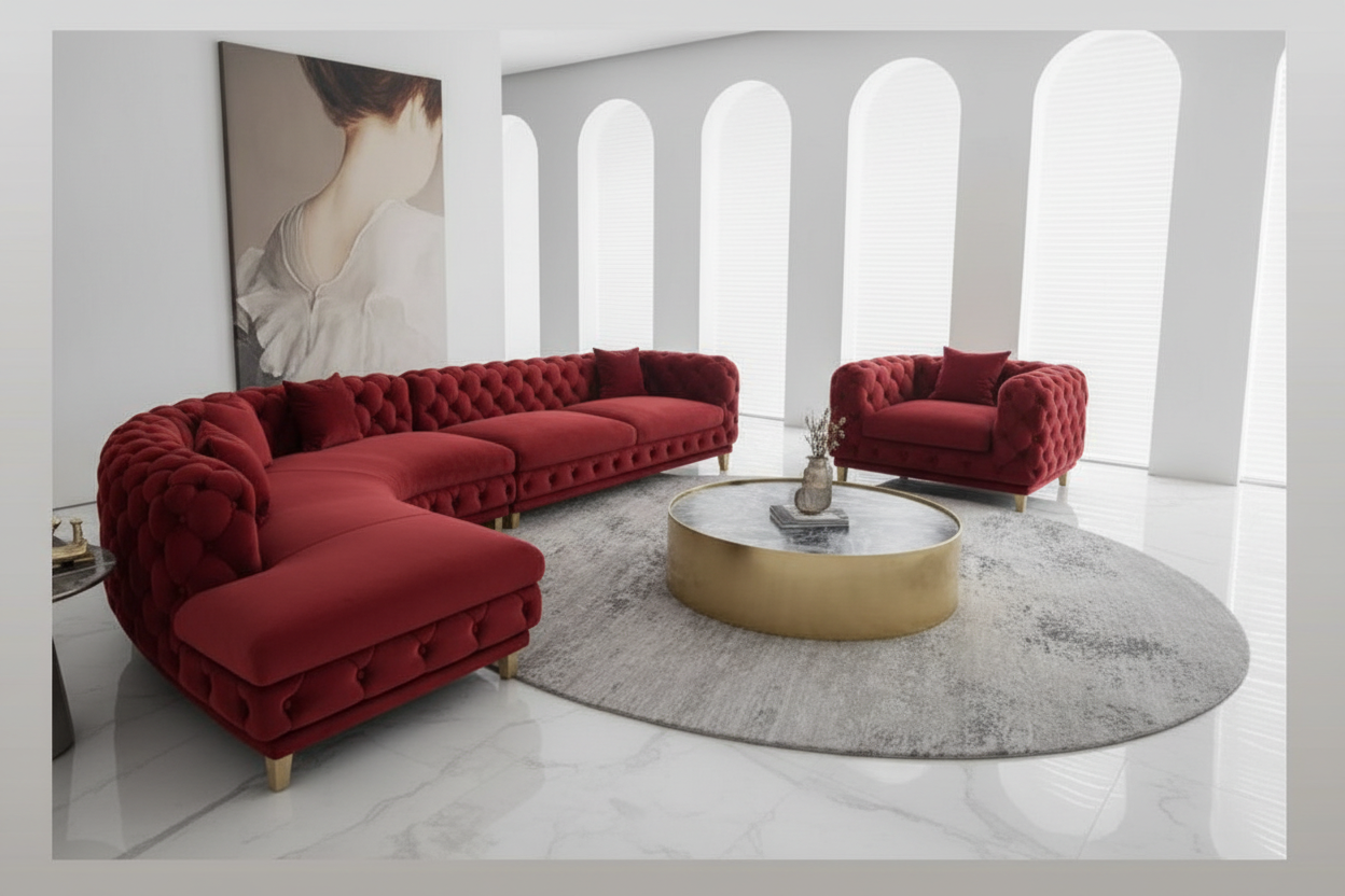 Red Velvet Chesterfield Sofa Set