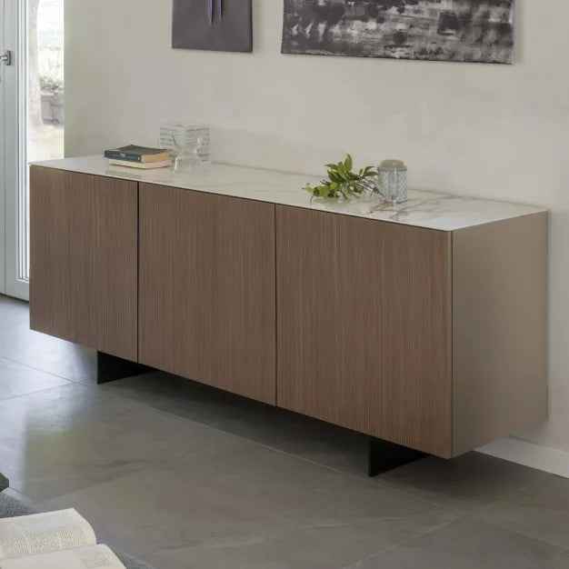 Marble Top Ribbed Sideboard with Black Metal Legs