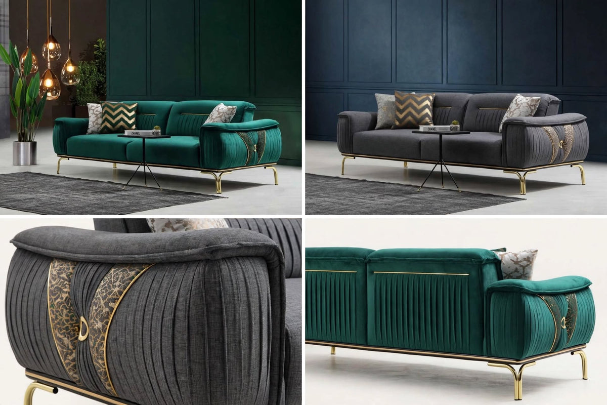 Versace-Style Pleated Sofa in Navy Blue Velvet with gold legs - rear lifestyle view