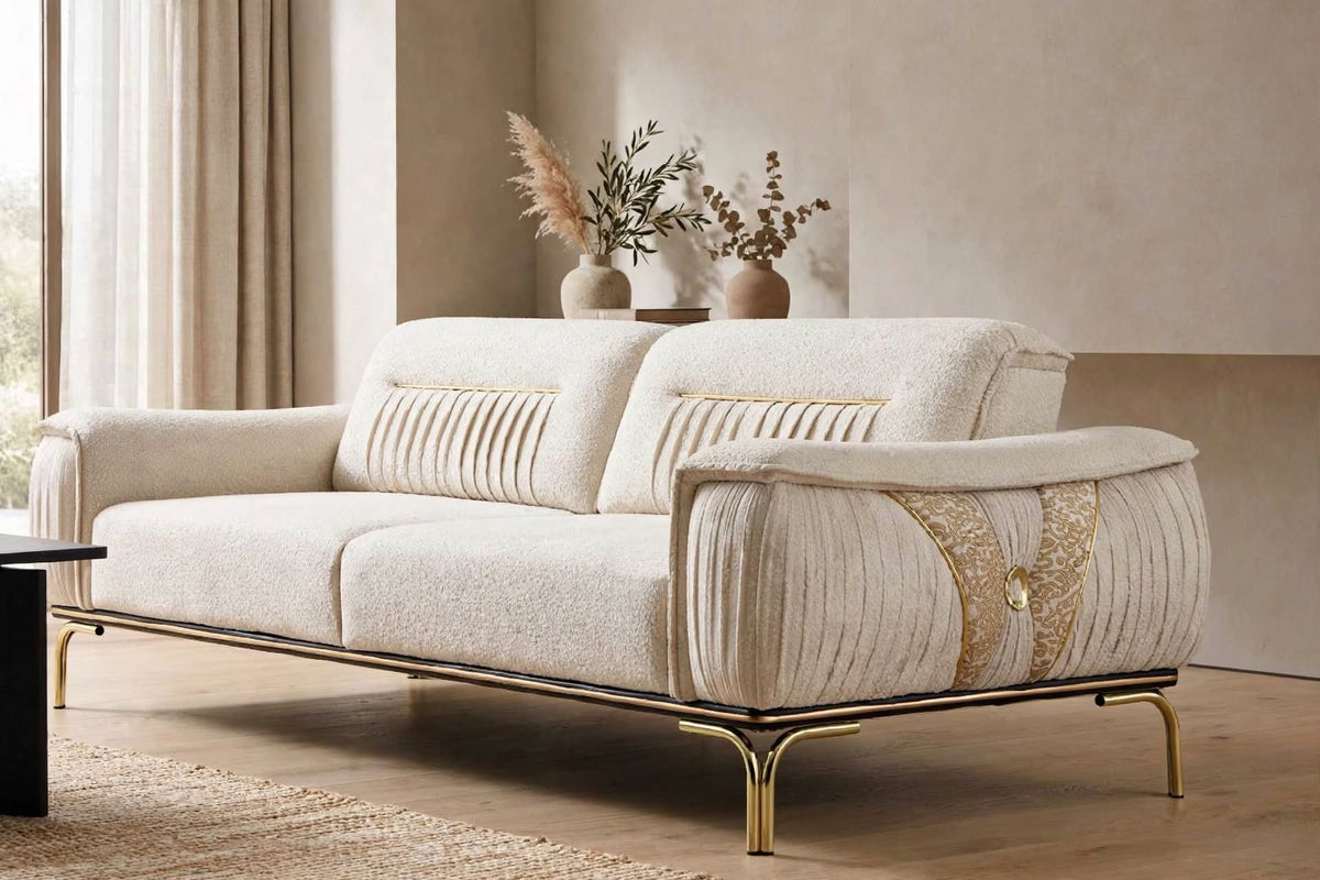 Versace-Style Pleated Sofa in Off-White Boucle Fabric with gold legs - front view