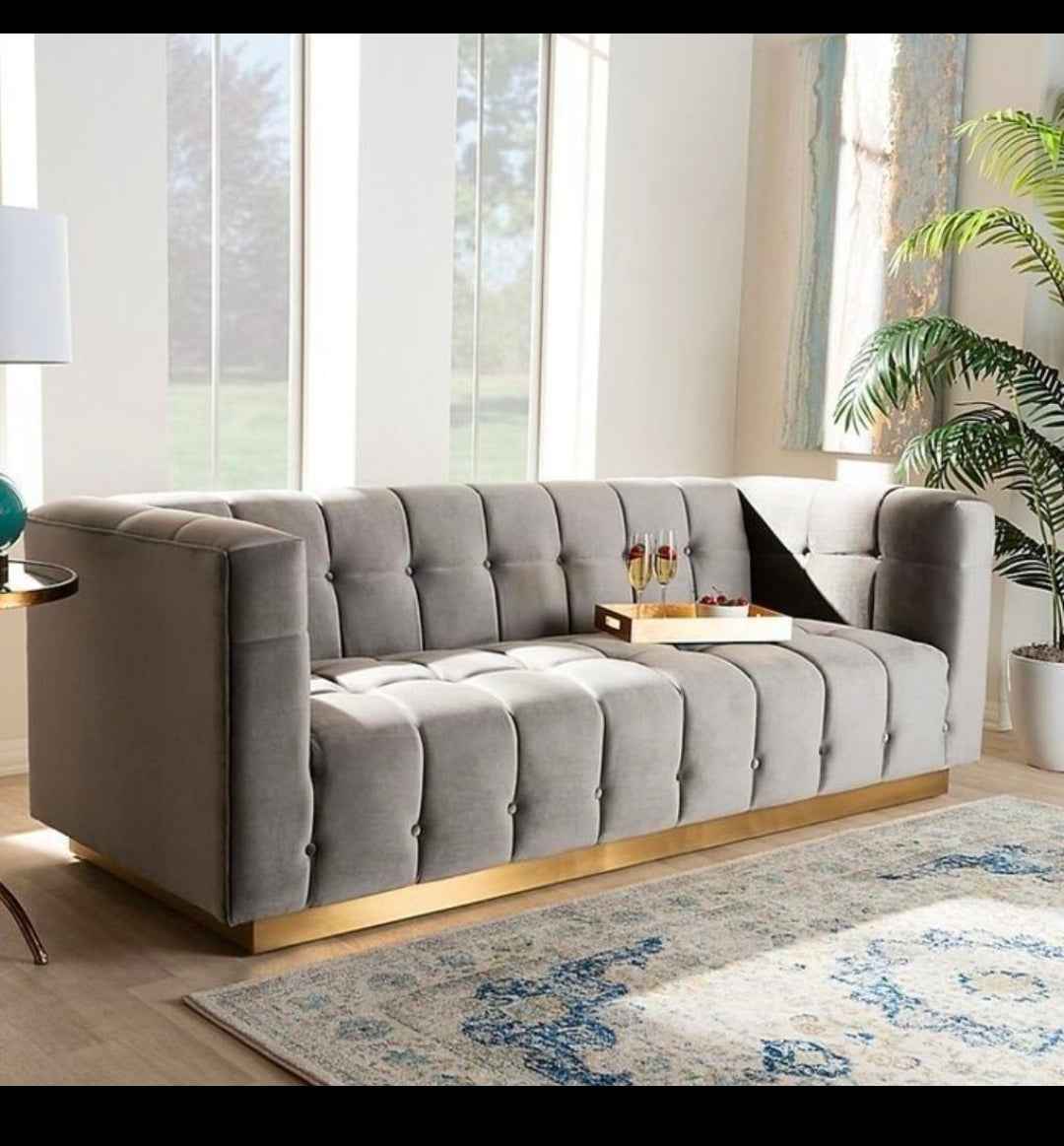 Luxury Boxy Tufted Velvet Sofa with Gold Base