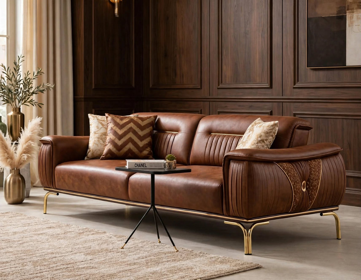 Versace-Style Pleated Sofa in Cognac Brown Leather with gold legs - front angle view