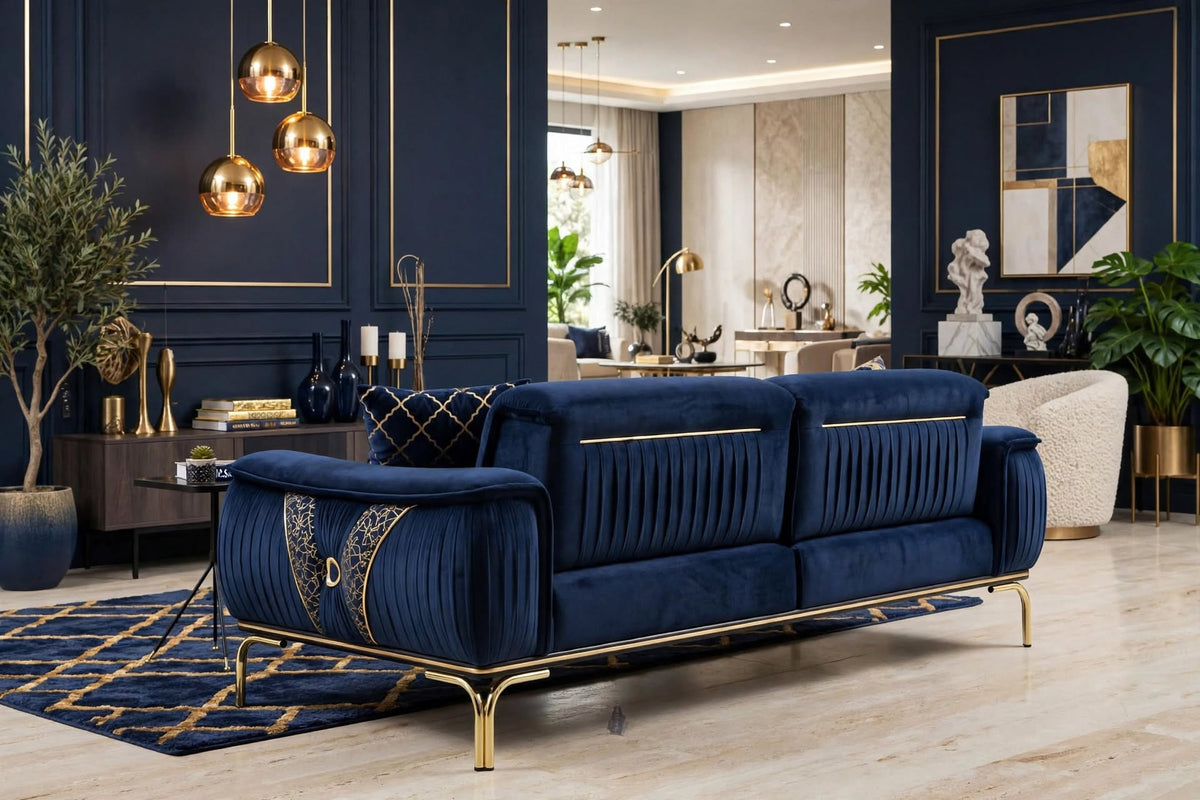 Versace-Style Pleated Sofa in Teal Green and Charcoal Gray Velvet - multi-angle detail views