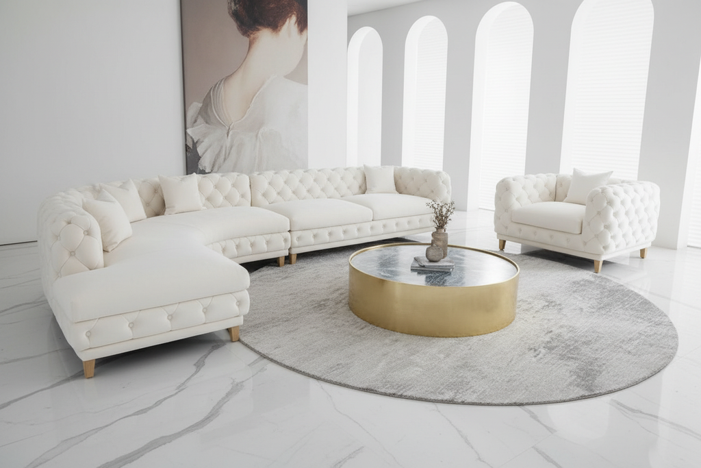 White Velvet Chesterfield Sofa Set
