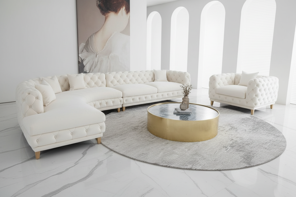 White Velvet Chesterfield Sofa Set
