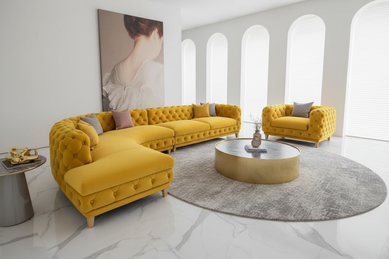 Yellow Velvet Chesterfield Sofa Set
